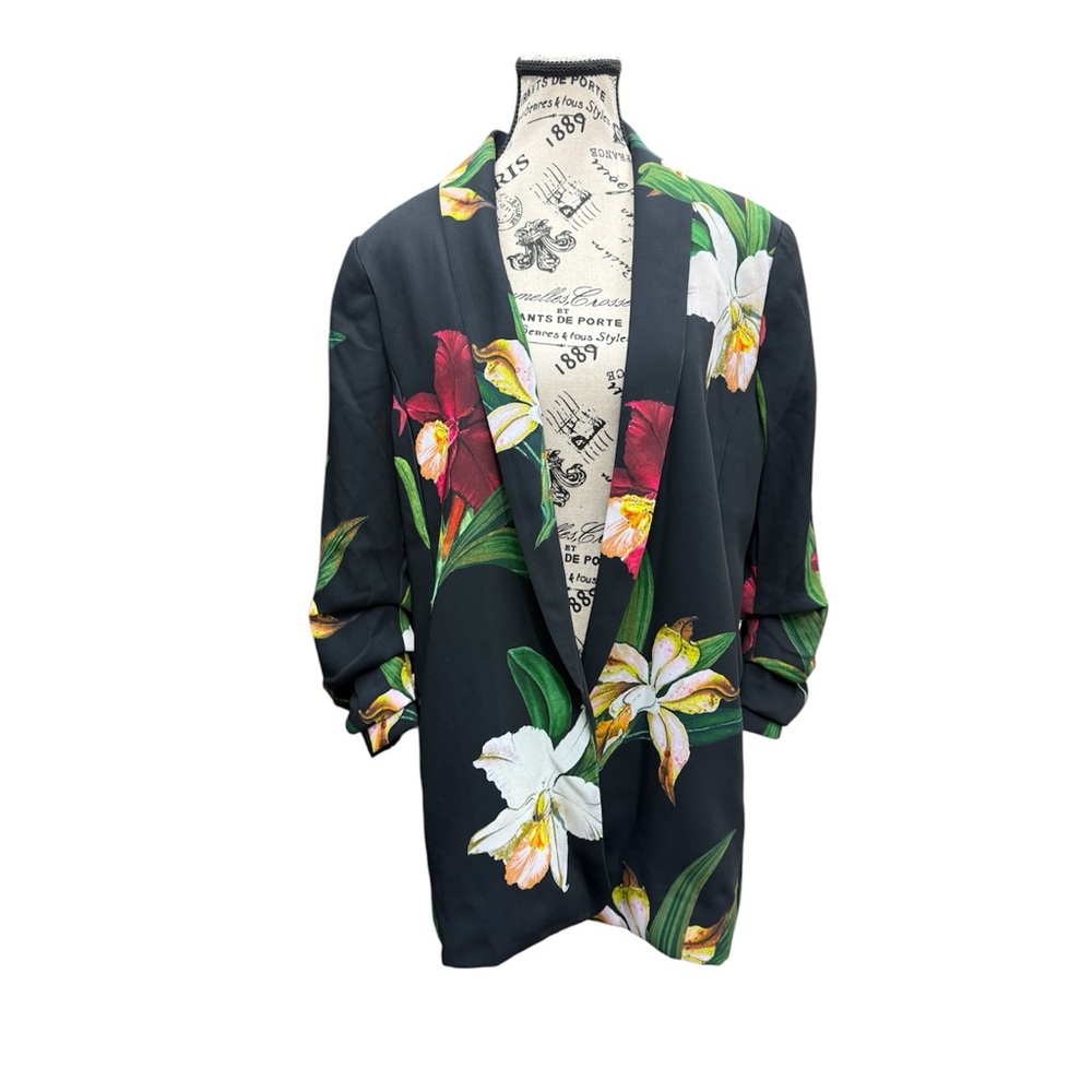 Chico's Black Open Front Blazer Bold Orchid Print Ruched 3/4 Sleeves Size 2/L